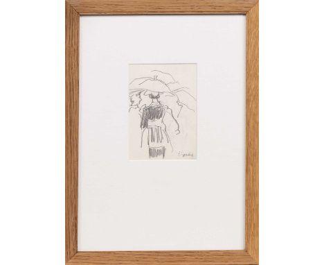* ALEXANDER GOUDIE RP RGI (SCOTTISH 1933 - 2004), PARAPLUIES pencil on paper, signedmounted, framed and under glass image siz