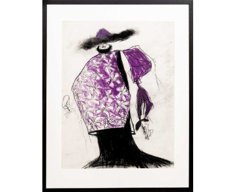 * PAT DOUTHWAITE (SCOTTISH 1939 - 2002), WOMAN IN PURPLE COAT pastel on papermountedimage size 65cm x 49cm, overall size 85cm