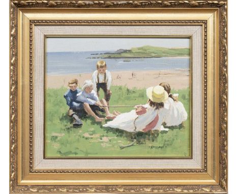 * JACK HOGGAN (JACK VETTRIANO, OBE) (SCOTTISH 1951 - 2025), TUG OF WAR  oil on board, signedframedimage size 25cm x 30cm, ove