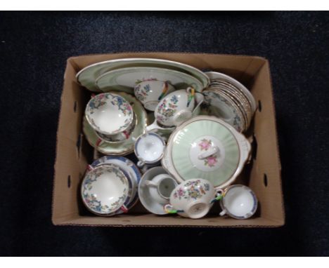 A box of assorted china to include Royal Cauldon Victoria twin handled teacups and saucers J &amp; G Meakin rose patterned di