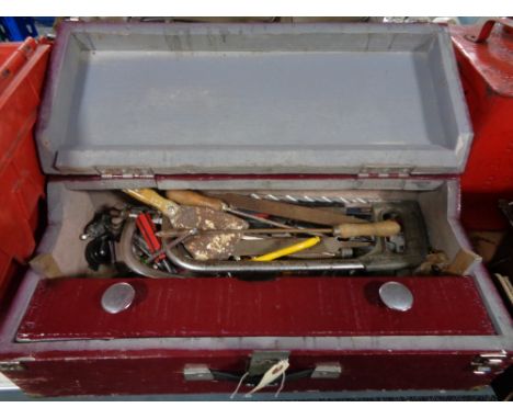 A 20th century painted joiners toolbox of assorted hand tools 