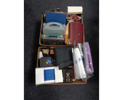 Three boxes of electricals, books BBQ tools, lap tray etc 