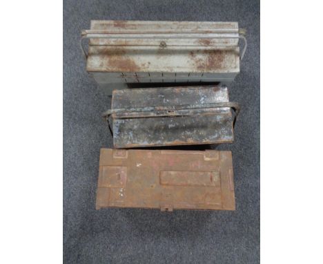 Two metal concertina tool boxes containing a small quantity of hand tools together with a metal ammunition box 