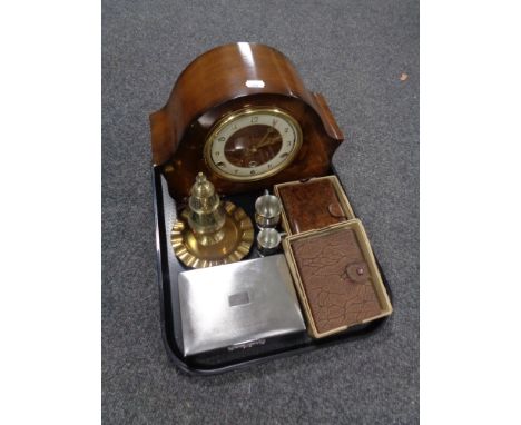 A tray of Anvil walnut cased mantle clock, plated sugar sifter, playing cards in leather cases etc 