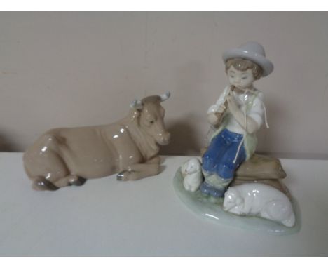 Two Nao figures - shepherd with lambs and long horned cow 20