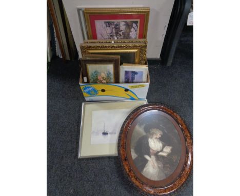 A box of assorted framed pictures and prints - hunting scenes, oil on board of flowers, oil on board of a horse 