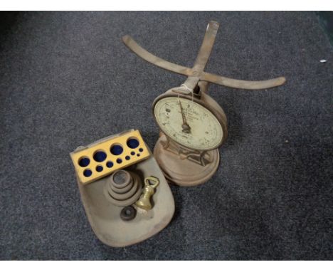 A set of Salter trade Spring balance no. 50T scales together with assorted weights 