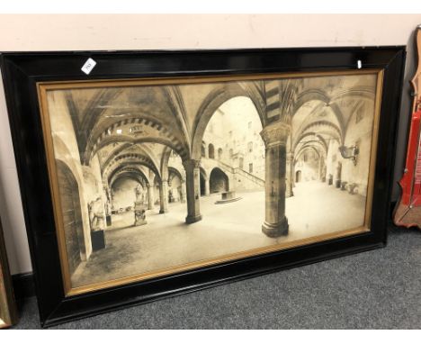 A photographic print depicting a monastery interior, 107cm by 59cm