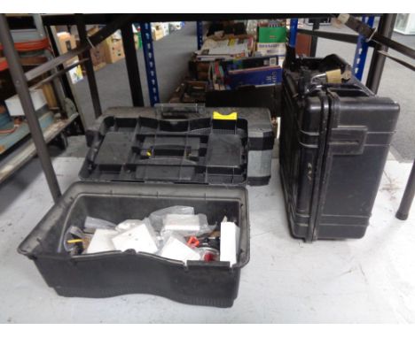 Two plastic tool boxes of hand tools, spool reel, and a further plastic storage chest 