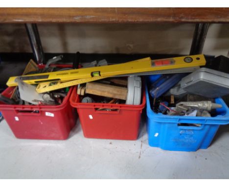 Three crates of power tools, hand tools, compressor accessories etc 