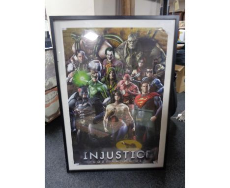 A framed Justice League print together with three further canvases and a Joker print