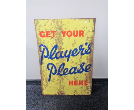 A vintage Get Your Player's Please Here enamel sign. 