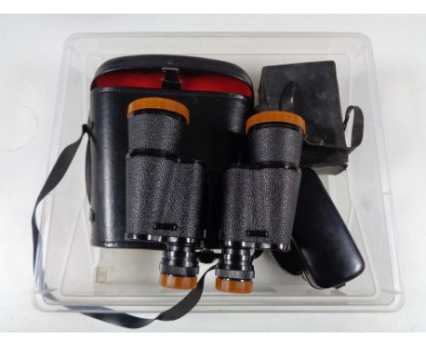 A box containing cased Omiya 10x50 binoculars and two vintage cameras