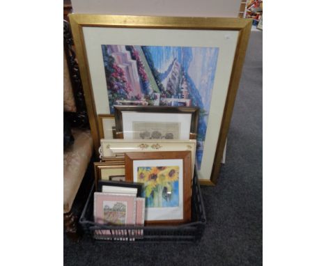 A quantity of pictures and prints - pine framed S. Trevena watercolour, framed mirror, framed Whinney The Pooh print etc 