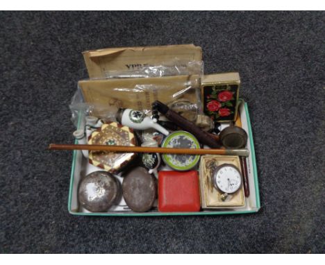 A box of miscellany to include costume jewellery, cased pocket watch, swagger stick, WWI era German ceramic pipes, tape measu