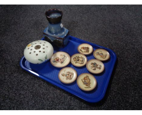 A tray containing Danish studio pottery vase, Radford flower holder and seven M J Hummel miniature collector's plates 