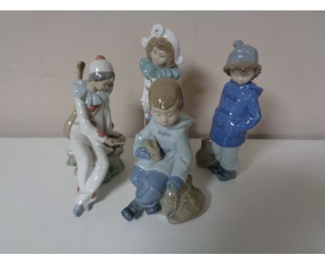 Four Nao figures to include girl in winter dress, boy with rabbit, two clowns 