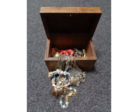 A brass inlaid hardwood jewellery box, costume jewellery, owl pendant etc 