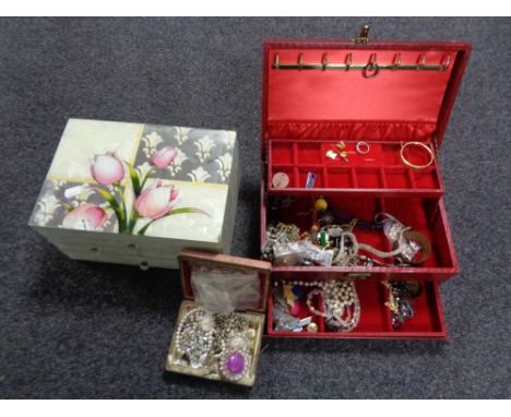 A tray of three jewellery boxes, costume jewellery, 15ct gold dress ring (band cut) etc 