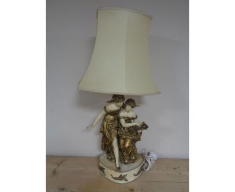 An early twentieth century painted metal figural lamp with shade 
