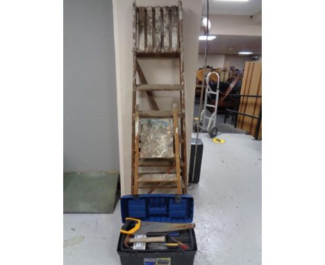 Two sets of folding wooden garden steps and a garden plastic box of hand tools 