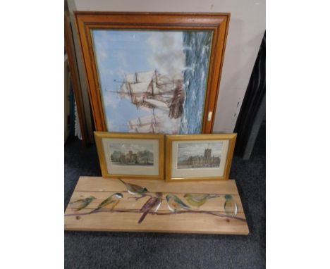 A Montague Dawson framed print - Java and Constitution, pair of gilt framed coloured etchings, wooden bird panel and a silver