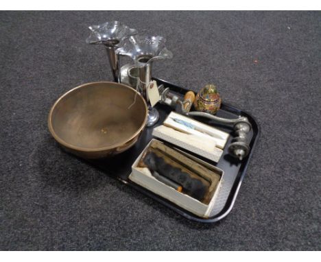 A tray of brass fire bell from Roby Lincoln, mincer, silver mechanical  pencil, metal printing plates etc 