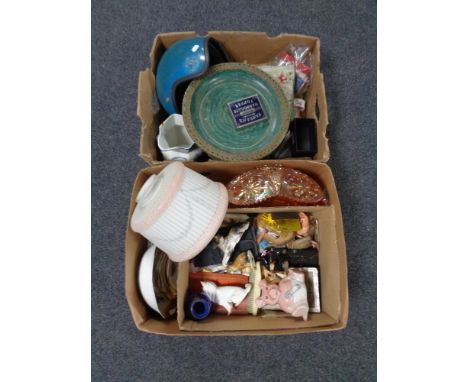 Two boxes of carnival glass bowl, vintage crash helmet, Wade money box, deco glass shade etc 