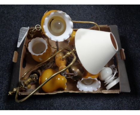 A box of brass light fittings with glass shades 