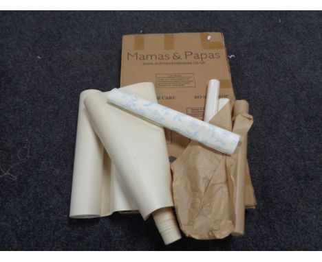 A boxed Mammas and Pappas shelf, wooden crate of wall paper and backing paper 