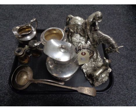 A tray of twentieth century plated wares, three piece tea service, soup spoon, vintage leather cased glasses, huntsman on hor