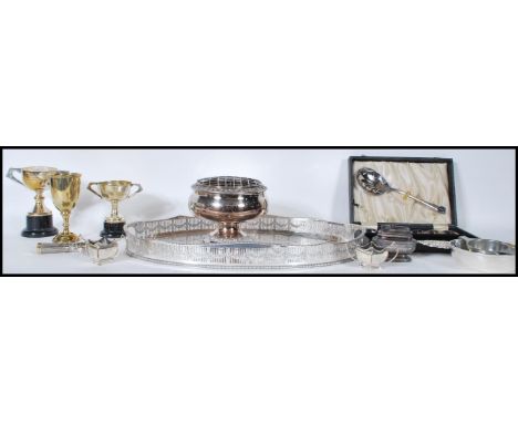 A collection of silver plated items to include 2 silver plated trophies, silver plated Viners salver, flower vase with frog, 