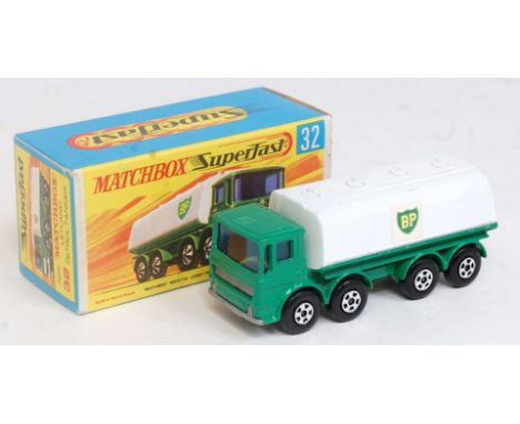 A Matchbox Superfast No. 32 Leyland petrol tanker comprising green cab and chassis with white back and central BP sticker to 