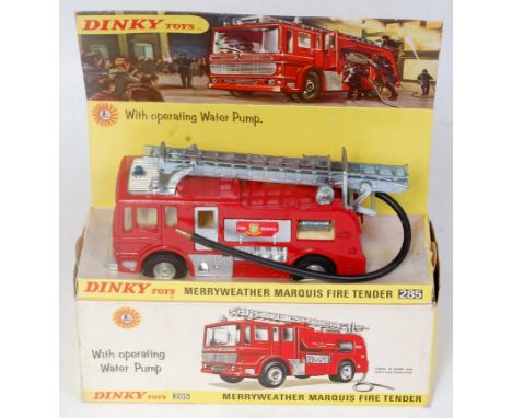 A Dinky Toys No. 285 Merryweather Marquis fire tender comprising red body with base metal parts and extending ladder, with bl