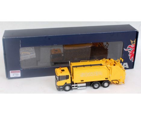 A Tekno 1:50 scale model of a Scania P340 6x2 refuse collector comprising yellow body with silver hubs and Scania livery, app