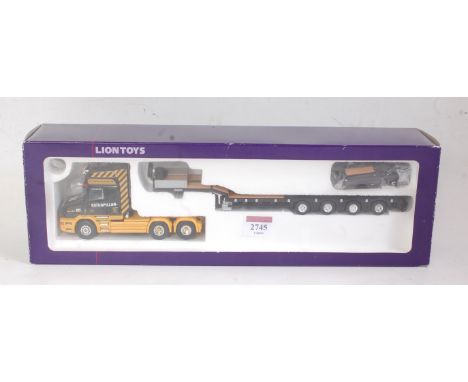 A Lion Toys 1:50 scale model of a Scania 164G V480 bull nose 6x2 tractor unit with Noote boom 4 axle trailer, appears as issu