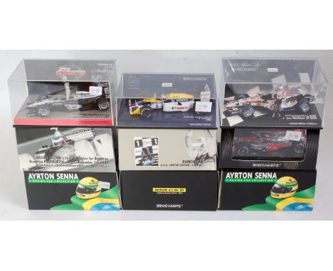 Nine various plastic cased Minichamps 1:43 scale F1 racing diecasts, mixed examples to include a Jenson Button first test dri