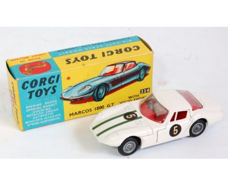 Corgi Toys 324, Marcos 1800 GT Volvo with engine, white body, red interior with 2 green bonnet stripes, very minimal losses, 