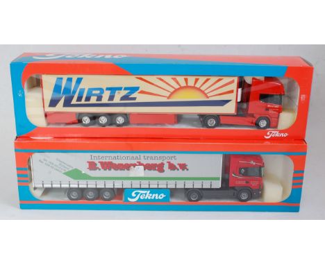 A Tekno 1:50 scale boxed road transport diecast group to include a Wirtz Scania R420 with a refrigerated trailer, together wi