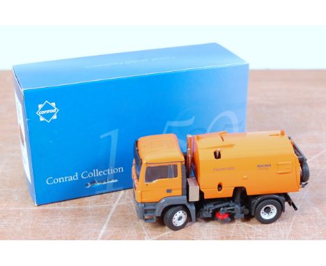 A Conrad No. 71212 1:50 scale model of a Bucher-Schorling City Fant 6000 MAN refuse wagon, finished in orange and grey, in th