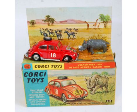 Corgi Toys, 256 Volkswagen 1200 Rally, red body with RN18 and east African rally stickers, with steering wheel on roof, rhino