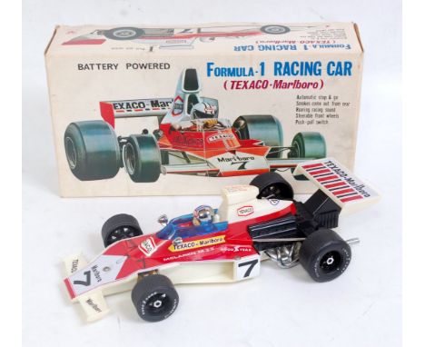 SON-AI (Taiwan) 12” long, Tinplate &amp; Plastic, Battery, SA150 McLaren M23 ‘Texaco-Marlboro’ #7 F1 inc Auto Stop’n Go, Exha