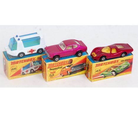 A Matchbox Superfast boxed harder to find issue diecast group to include No. 46 Stretcher Fetcher ambulance, comprising white