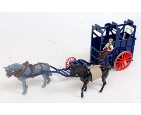 A Dorrie Collection 1:32 scale white metal and resin model of a horse-drawn horse transporter comprising dark blue body with 