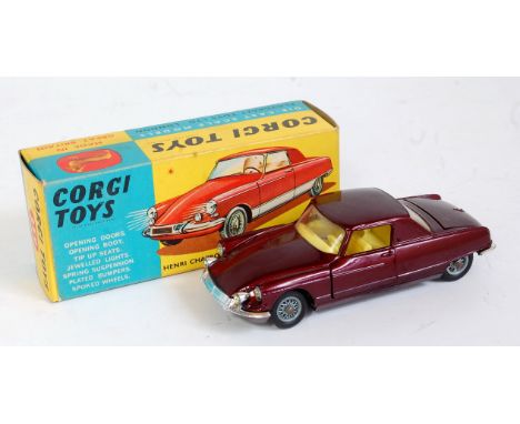 Corgi Toys, 259 Citroen 'Le Dandy', metallic dark red with yellow interior, wire wheels, in the original blue and yellow all-