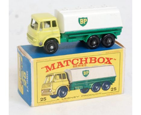 A Matchbox 1:75 series No. 25 BP tanker comprising yellow cab and green chassis with white back and BP livery, black plastic 