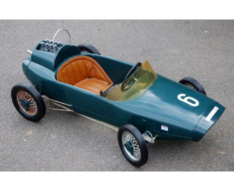 PINES by G.Perego (Italy), Pedal Car, made/issued in 1968. 1963 Lotus 29 Indianapolis #6 in British Racing Green, 46” long, r