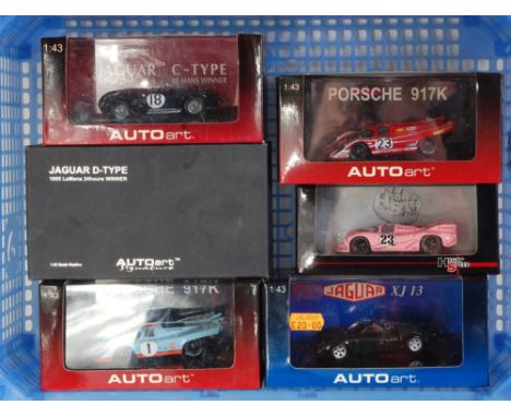 Six various boxed Auto Art 1:43 scale classic car diecast models to include Porsche 917K, Porsche 917K Pink Pig Le Mans 1971,