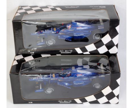 A Minichamps 1:18 scale Prost Grand Prix 1999 show car group, two examples to include J Trulli, and O Panis, both in the orig