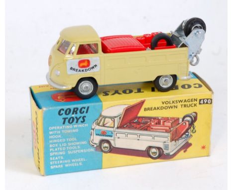 A Corgi Toys No. 490 Volkswagen breakdown truck comprising olive green body with cast hubs and breakdown stickers to doors, w